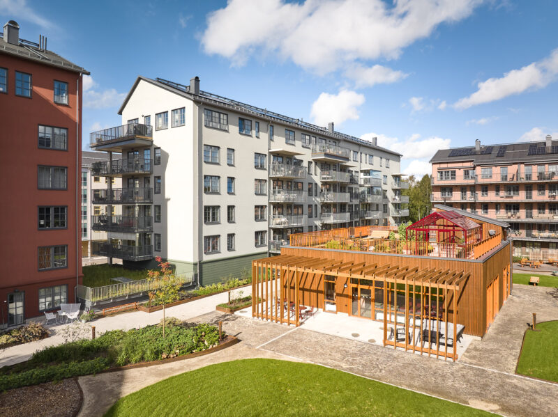 drönarbild över gård i umeå, bostadshus